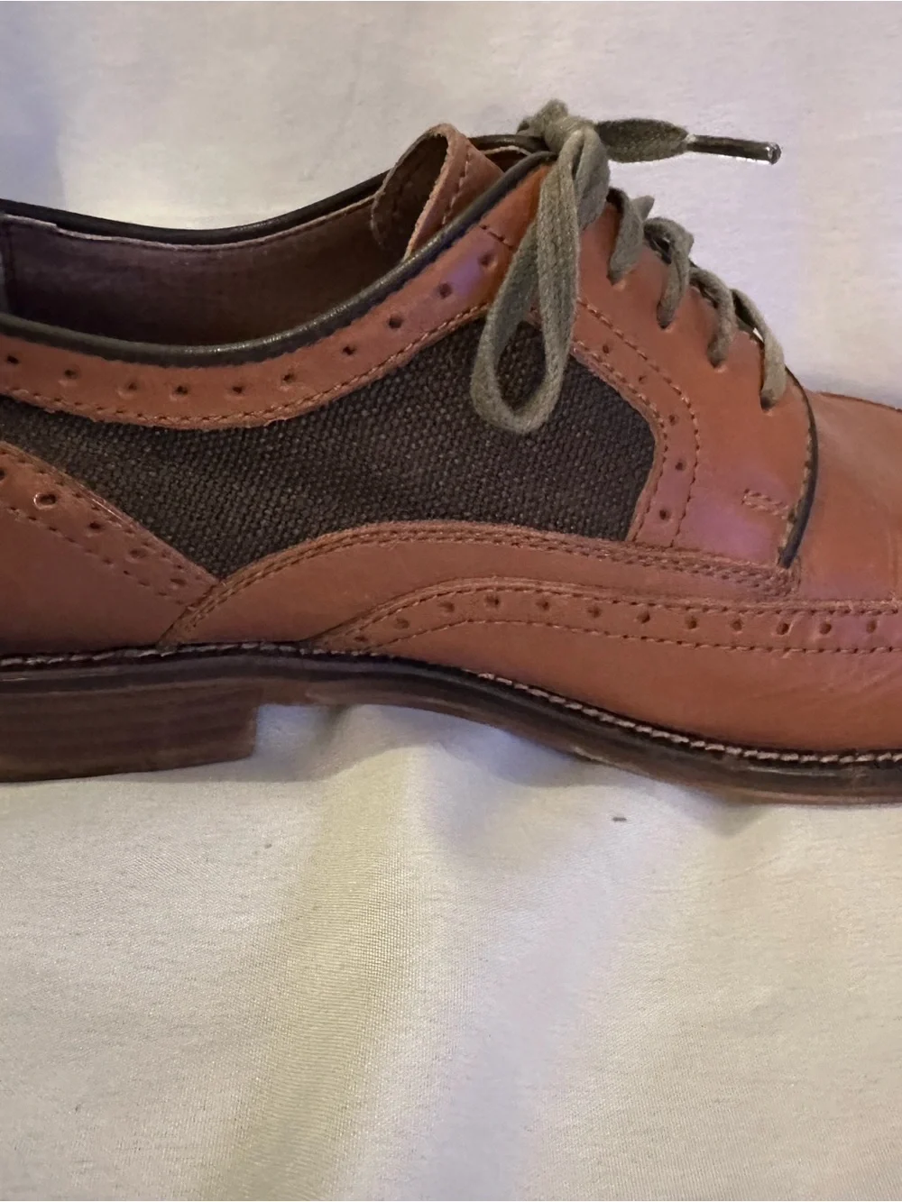 Johnston & Murphy Brown Leather Wingtip Oxfords with Olive Fabric Panels